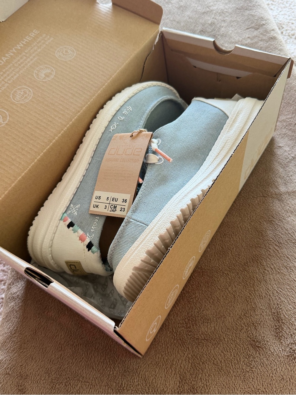 NWT. Hey Dude Light Blue Canvas Slip-Ons with Embroidered Heel
